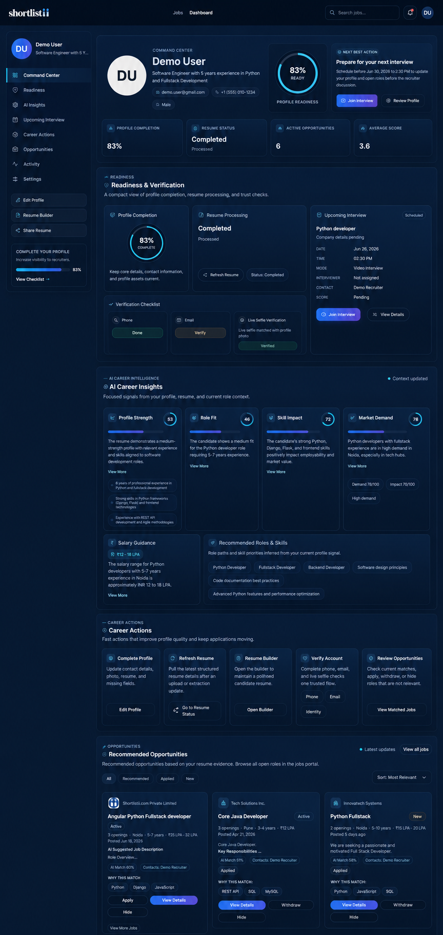 Candidate portal screenshot showing candidate opportunities and readiness